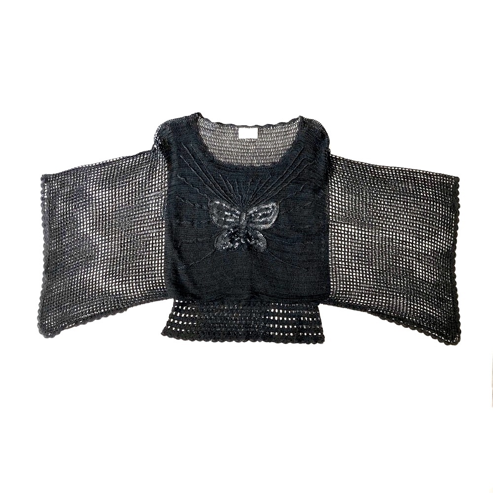 Vintage Kroshetta Beaded Sequins Butterfly Black Knit Poncho Sweater Size Small
